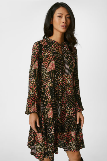 Damen - Fit & Flare Kleid - geblümt - schwarz