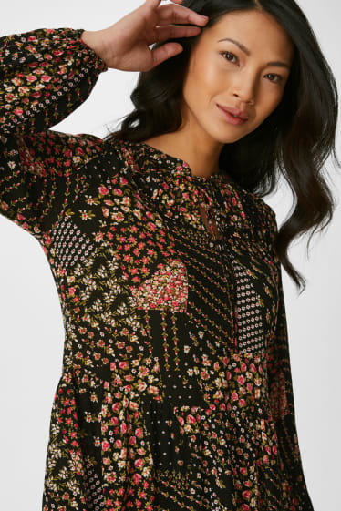 Damen - Fit & Flare Kleid - geblümt - schwarz