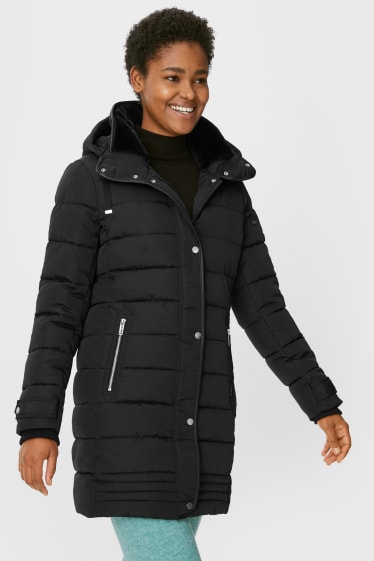 Women - Quilted coat with hood  - black