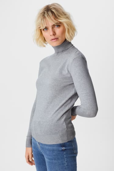 Women - Basic polo neck jumper - light gray-melange