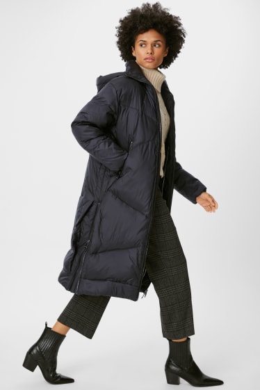 Women - Quilted coat with hood   - black