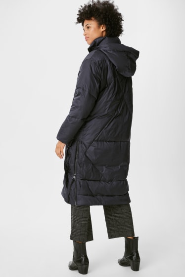 Women - Quilted coat with hood   - black