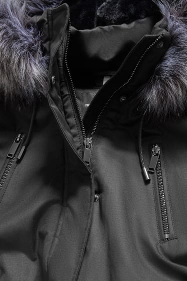 Women - Parka with hood and faux fur trim - black
