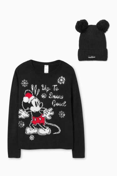 Niños - Mickey Mouse - set - jersey y gorro navideños - negro