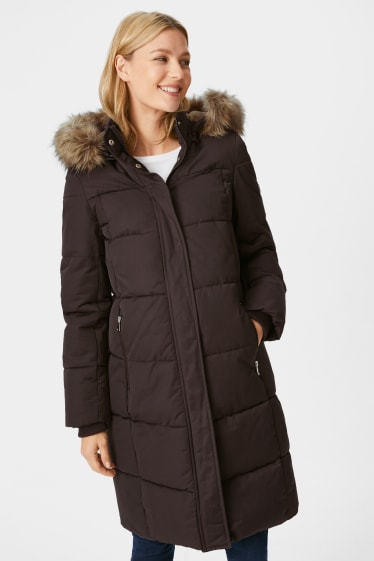 Women - Maternity quilted coat with hood and baby pouch - dark gray