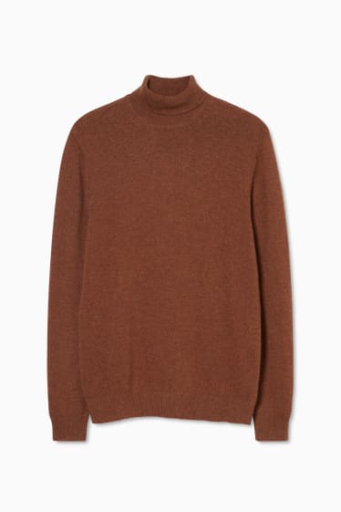 Men - Polo neck jumper made of new wool - dark brown