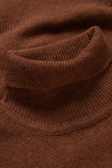 Men - Polo neck jumper made of new wool - dark brown