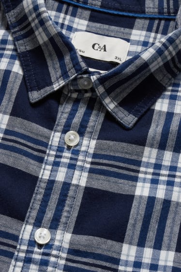 Heren - Flanellen overhemd - regular fit - kent - donkerblauw / wit