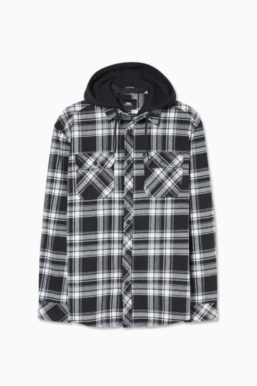 Pánské - CLOCKHOUSE - flanelová košilová bunda s kapucí - kostkovaná - černá