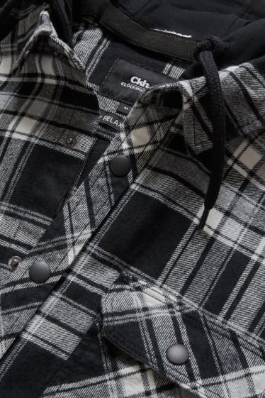 Heren - CLOCKHOUSE - flanellen overhemdjas met capuchon - geruit - zwart