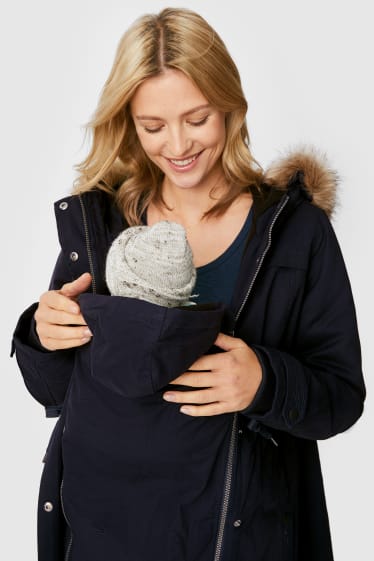 Femmes - Parka de grossesse à capuche, garniture en imitation fourrure et empiècement porte-bébé amovible. - bleu foncé
