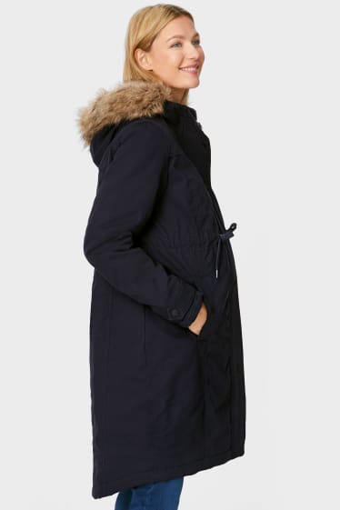Women - Maternity parka with hood, faux fur trim and baby pouch - dark blue