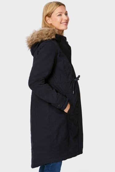 Donna - Parka premaman con cappuccio, inserto in ecopelliccia e inserto porta-bebè - blu scuro