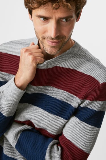 Men - Jumper - striped - gray / dark blue