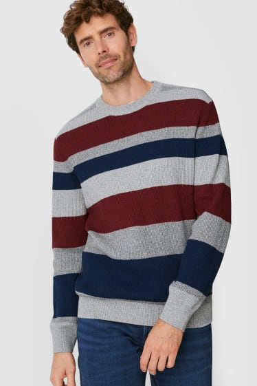 Men - Jumper - striped - gray / dark blue