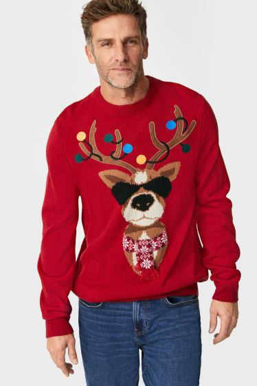 Men - Christmas jumper - reindeer - red