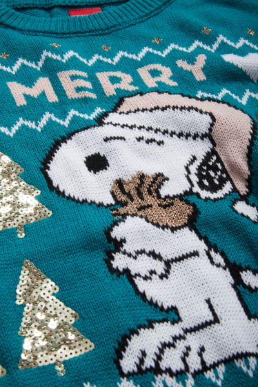 Femei - CLOCKHOUSE - pulover cu motive de Crăciun - aspect lucios - Peanuts - turcoaz