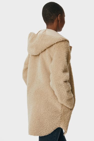 Women - Faux fur jacket with hood - beige