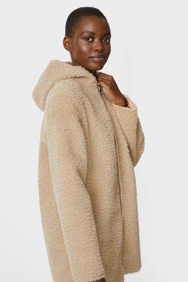 Women - Faux fur jacket with hood - beige