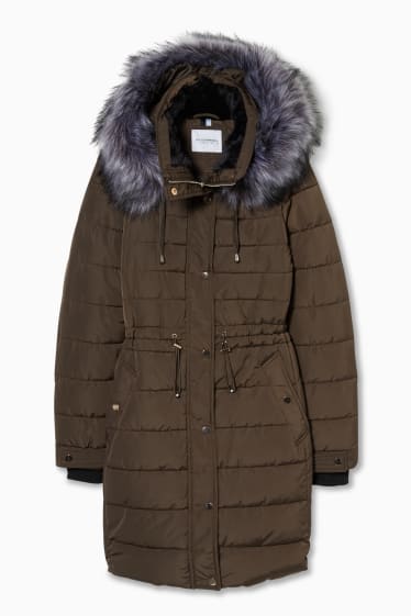 Femmes - Manteau matelassé à capuche, avec garniture de imitation fourrure - kaki
