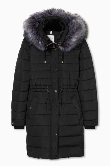 Dames - Gewatteerde jas met capuchon en imitatiebontrandje - zwart