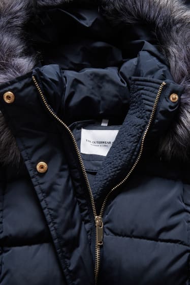 Femmes - Manteau matelassé avec garniture en imitation fourrure - bleu foncé