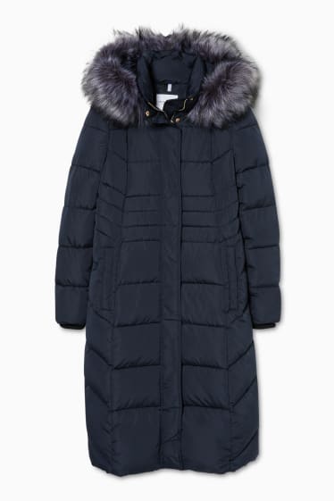 Femmes - Manteau matelassé avec garniture en imitation fourrure - bleu foncé