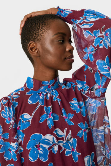 Dámské - Šifonové šaty - z recyklovaného materiálu - s květinovým vzorem - tmavočervená