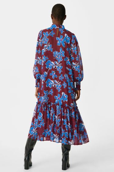 Femmes - Robe de gaze - matière recyclée - motif floral - rouge foncé