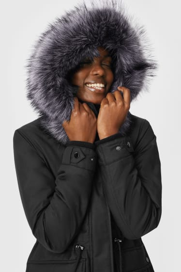 Women - Parka with hood and faux fur trim - black