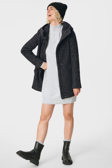 Femei - Jachetă din bouclé cu glugă - amestec de lână - negru