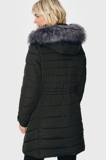 Femmes - Manteau matelassé à capuche, avec garniture de imitation fourrure - noir