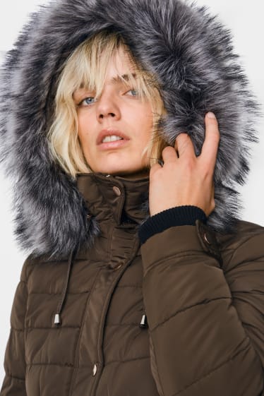 Femmes - Manteau matelassé à capuche, avec garniture de imitation fourrure - kaki