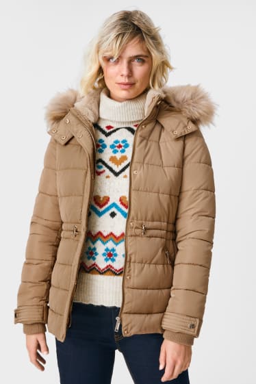 Women - Quilted jacket with hood and faux fur trim  - light brown