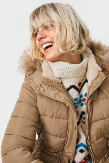 Women - Quilted jacket with hood and faux fur trim  - light brown