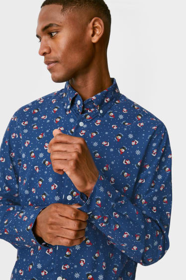 Heren - Kerstoverhemd - Slim Fit - button down - donkerblauw