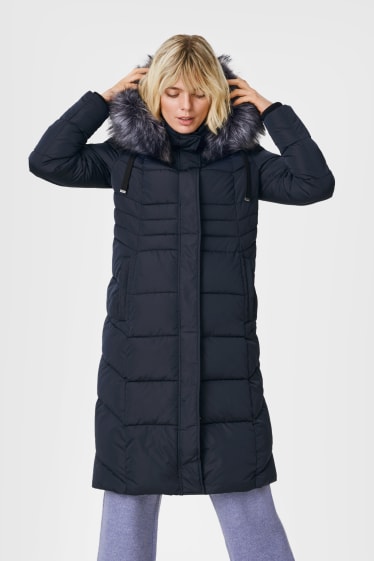 Femmes - Manteau matelassé avec garniture en imitation fourrure - bleu foncé