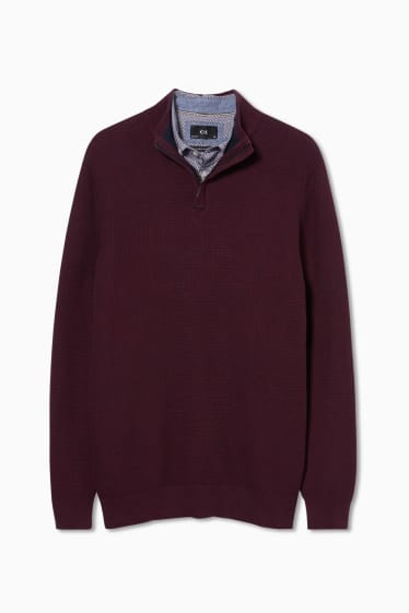 Men - Jumper and shirt - regular fit - button-down collar - dark red