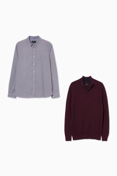 Men - Jumper and shirt - regular fit - button-down collar - dark red