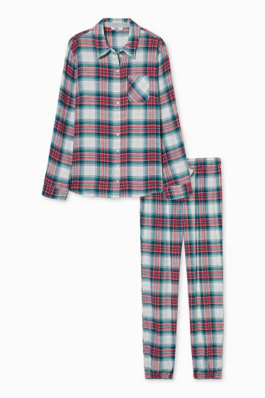 Dames - Flanellen pyjama - geruit - wit