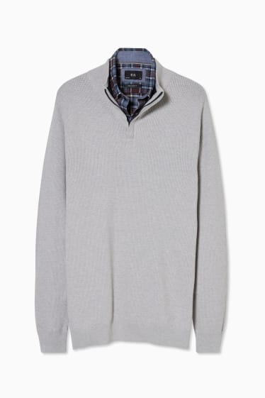 Heren - Trui en overhemd - regular fit - button down - lichtgrijs / donkerblauw