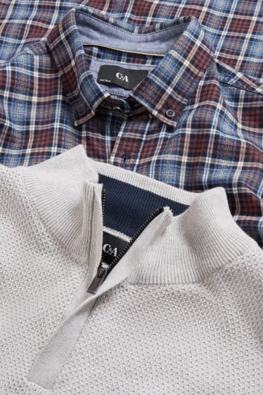 Heren - Trui en overhemd - regular fit - button down - lichtgrijs / donkerblauw