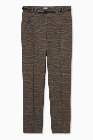 Women - Trousers with belt - tapered fit - check - brown