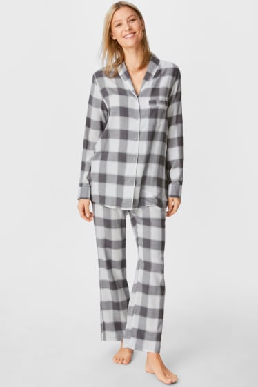 Dames - Flanellen pyjama - geruit - grijs