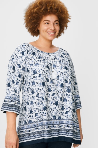 Damen - Langarmshirt - geblümt - weiß