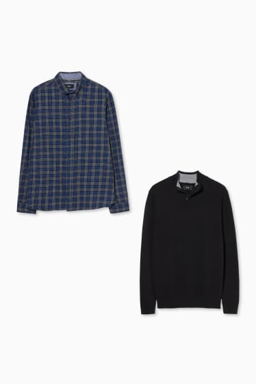 Heren - Trui en flanellen overhemd - regular fit - button down - zwart