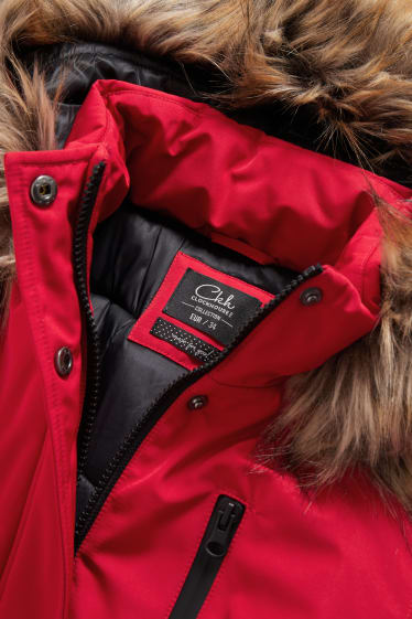 Dámské - CLOCKHOUSE - parka s kapucí a límcem z umělé kožešiny - červená