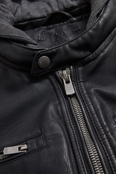 Men - Biker jacket with hood - faux leather - black