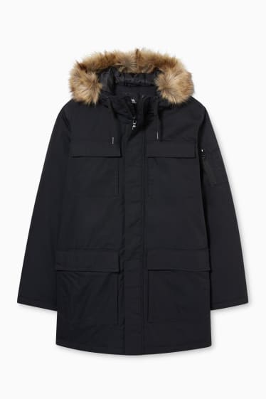 Men - CLOCKHOUSE - parka with hood and faux fur trim - black