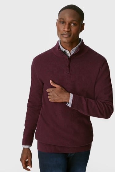 Men - Jumper and shirt - regular fit - button-down collar - dark red